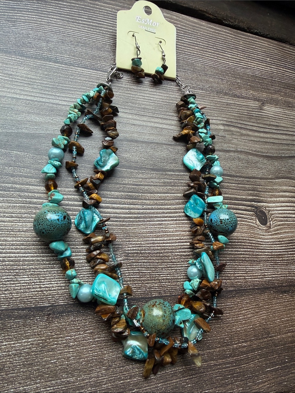 Turquoise & Brown Multi-Strand Beaded Necklace and Earring Set